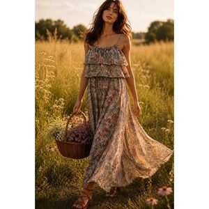 Toni Todd Maxi Dress Women S (Est) 70s Vintage Floral Paisley Boho Tiered Prarie